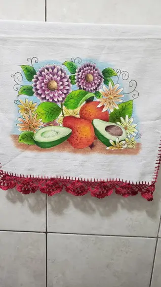 Pano de prato flores, româ, abacate (pintado a mão)