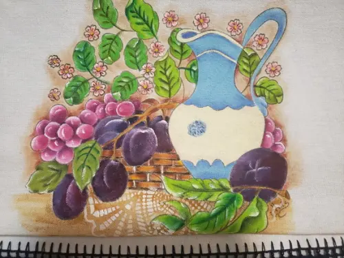 Pano de prato Jarra, uvas , ameixas (pintado a mão)