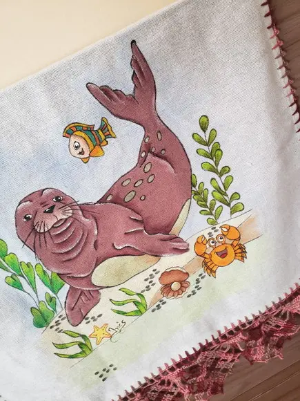 PANO DE PRATO, foca, pintado a mão