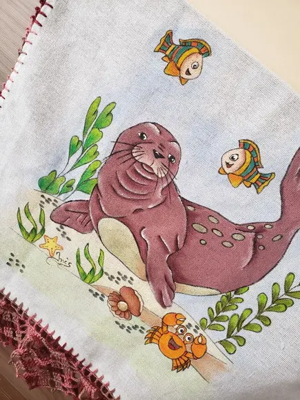 PANO DE PRATO, foca, pintado a mão