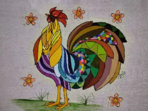 Pano de Prato, Galo, Pintado a Mão