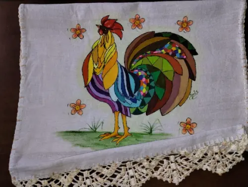 Pano de Prato, Galo, Pintado a Mão