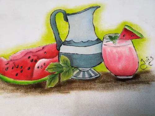 PANO DE PRATO, jarra, melancia e copo com suco