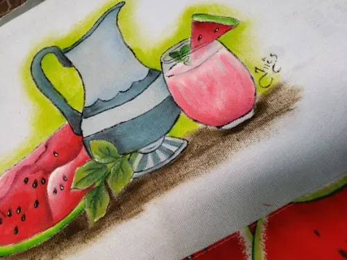 PANO DE PRATO, jarra, melancia e copo com suco