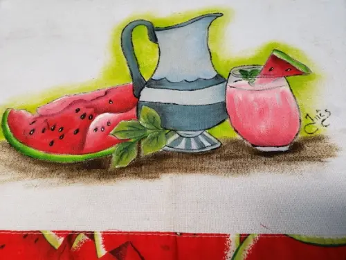PANO DE PRATO, jarra, melancia e copo com suco