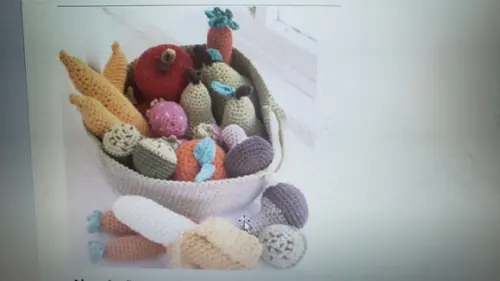 receita amigurumi FRUTAS, LEGUMES E CESTA tradução