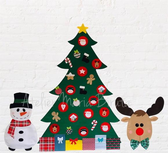 Árvore de Natal em Feltro 1,40m + Boneco de Neve + Rena