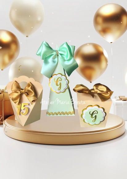 Caixinhas para Festa de 15 Anos Dourado e Verde