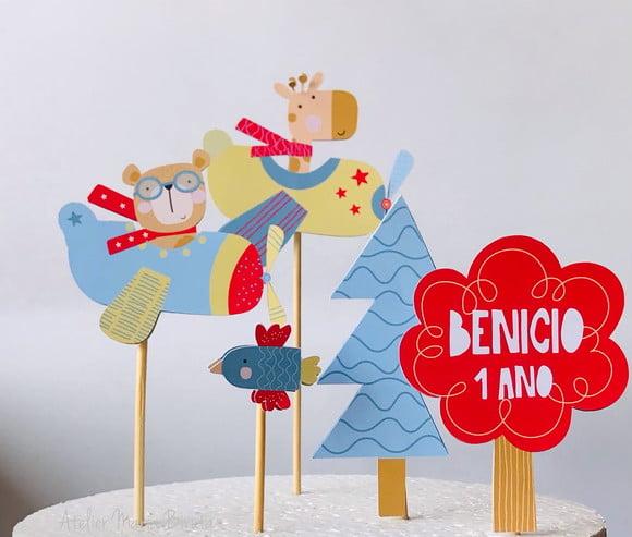 Kit Topo de Bolo e Toppers Animais Aviadores