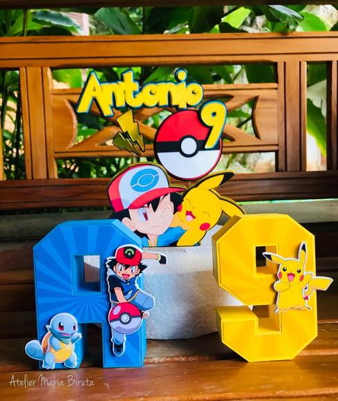 Topo de Bolo Pokémon Luxo com Letra e Número 3D personalizado