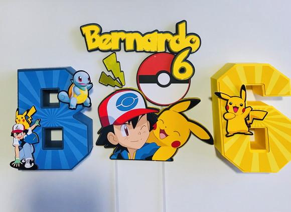 Topo de Bolo Pokémon Luxo com Letra e Número 3D personalizado
