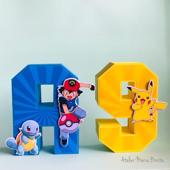 Topo de Bolo Pokémon Luxo com Letra e Número 3D personalizado