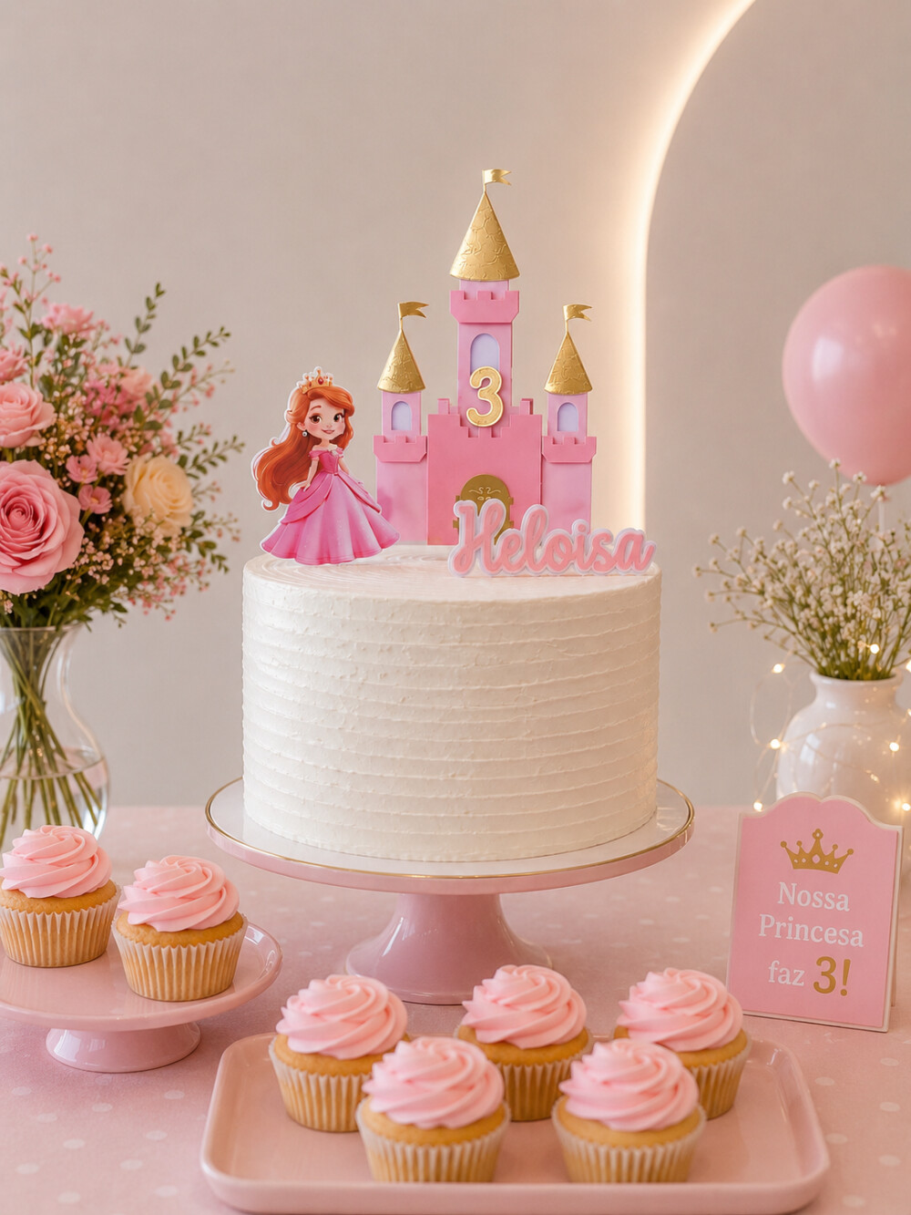 Topo de Bolo Princesa e Castelo Luxo  Camadas Personalizado
