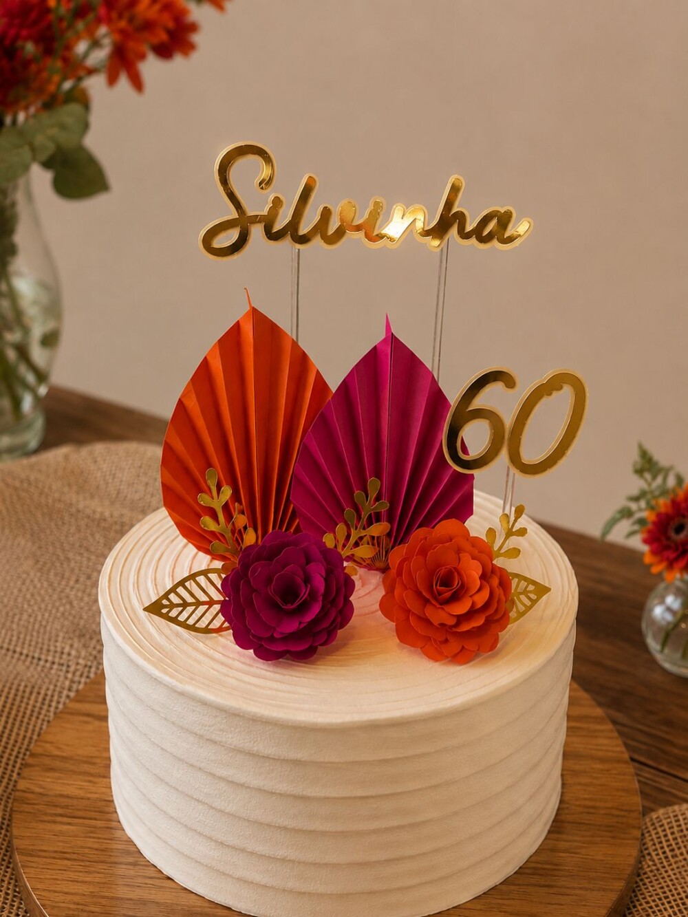Topo de Bolo Flores e Folhas Plissadas 60 Anos