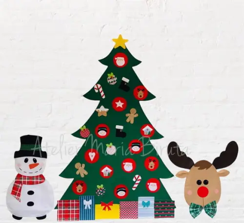 Árvore de Natal em Feltro 1,40m + Boneco de Neve + Rena