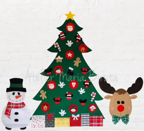 Árvore de Natal em Feltro Mickey 1,40m + Boneco de Neve e Rena