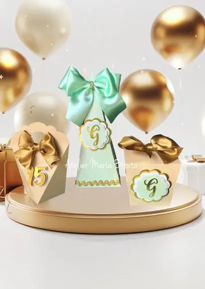 Caixinhas para Festa de 15 Anos Dourado e Verde