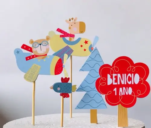 Kit Topo de Bolo e Toppers Animais Aviadores