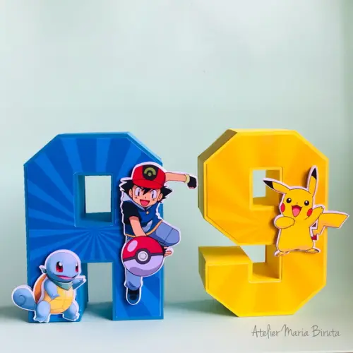 Topo de Bolo Pokémon Luxo com Letra e Número 3D personalizado