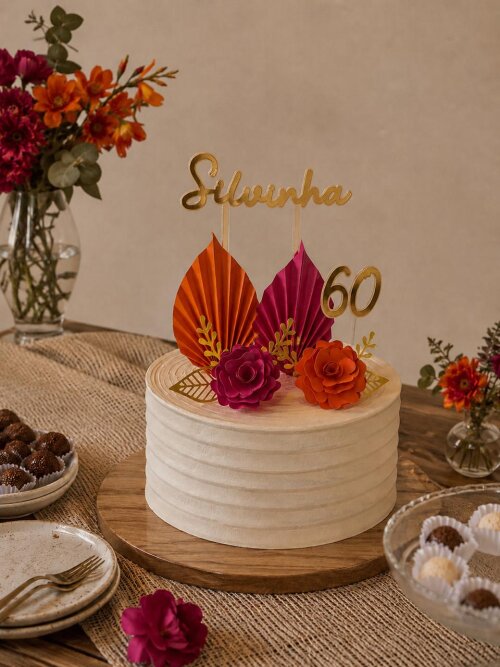 Topo de Bolo Flores e Folhas Plissadas 60 Anos