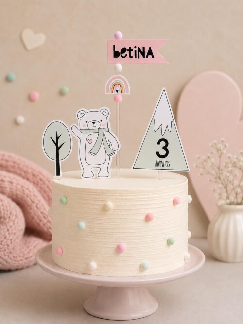 Topo de bolo Urso Polar Menina Personalizado | Mesversário e Aniversário