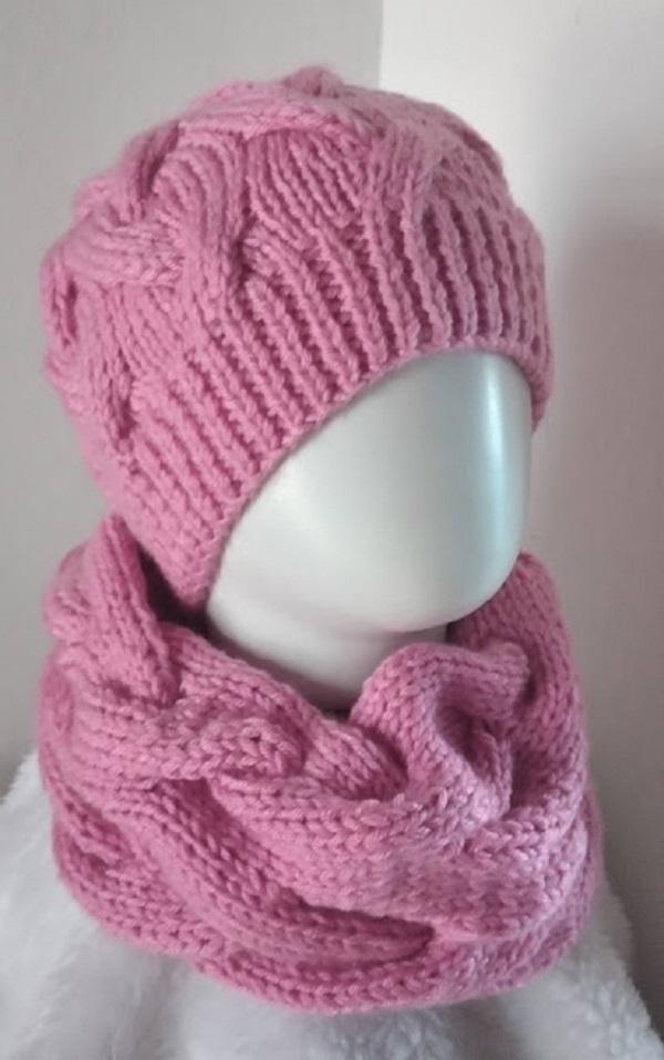 Gorro e gola cachecol  Infantil em Tricô Rosa