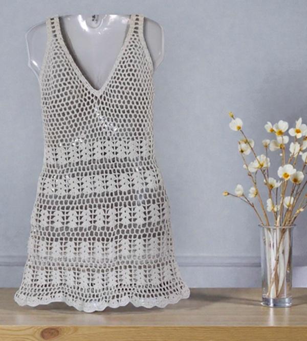 Saída de praia  vestido em crochê   - natural