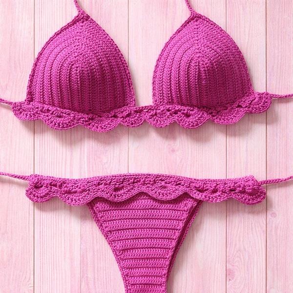 biquini de crochê com babadinho - pink