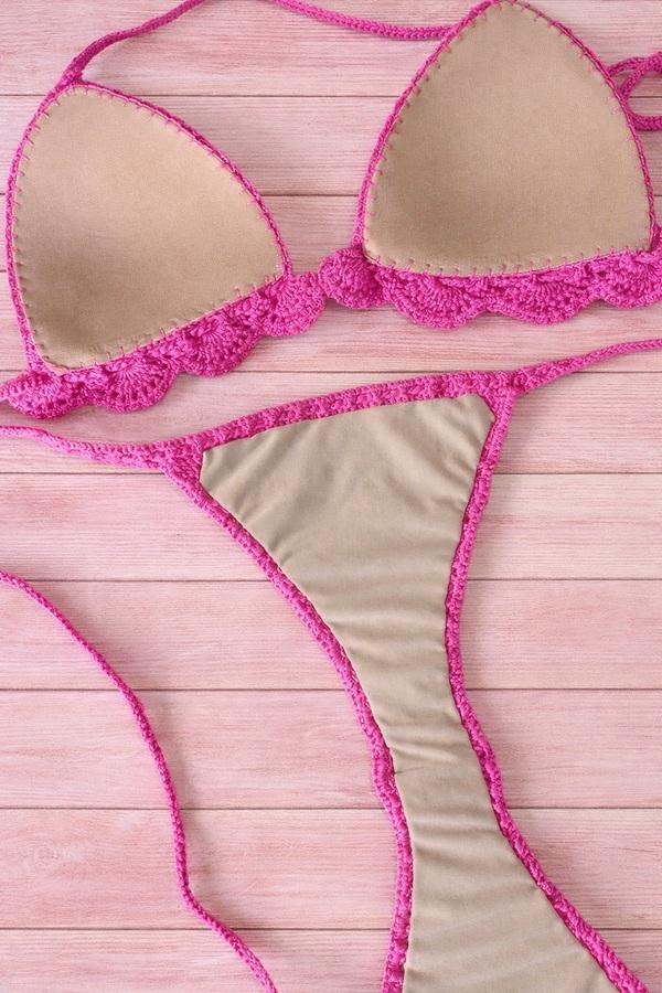 biquini de crochê com babadinho - pink