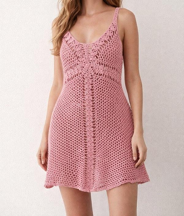 Saída de praia  vestido em crochê   - rosa