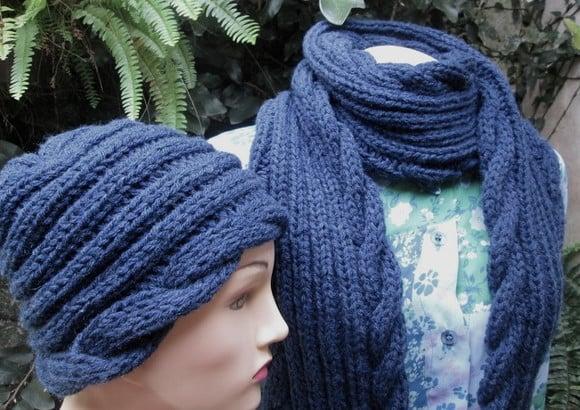 Cachecol e Gorro em Trico - Azul