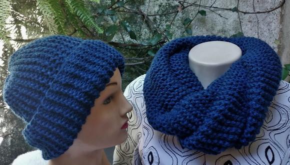 Cachecol Maxi Gola e Gorro em Tricô - Cordão - Azul