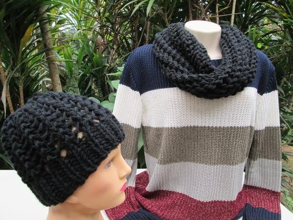 Conjunto Cachecol Maxi Gola e Gorro em tricô - Preta