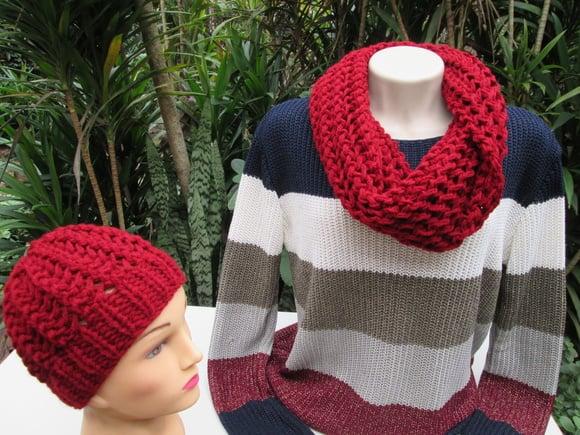 Conjunto Cachecol Maxi Gola e Gorro em Tricô- Vinho