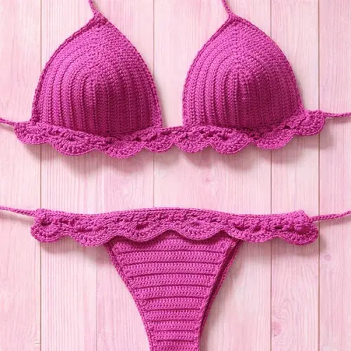 biquini de crochê com babadinho - pink