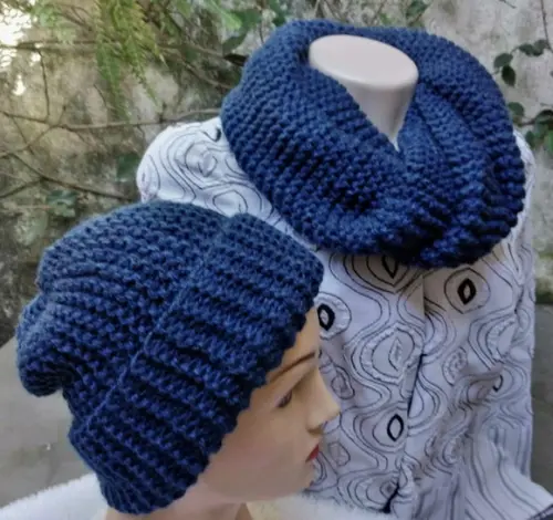 Cachecol Maxi Gola e Gorro em Tricô - Cordão - Azul
