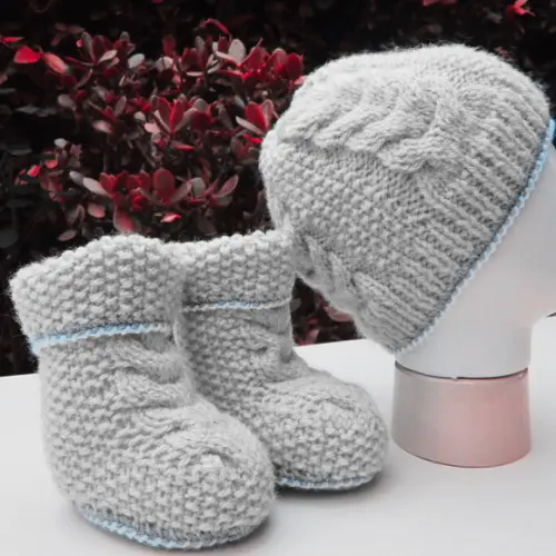 Gorro e Sapatinho Bota com Tranças - Cinza