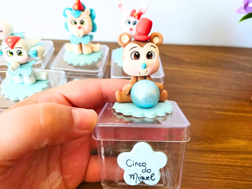 10 caixinhas luxo menino tema circo em biscuit para aniversário