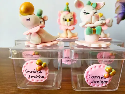 kit 10 caixinhas luxo circo em biscuit com nome da criança
