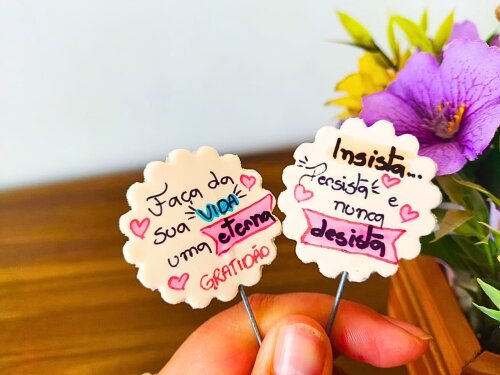 kit 10 enfeites de cuia plaquinhas frases lettering em biscuit