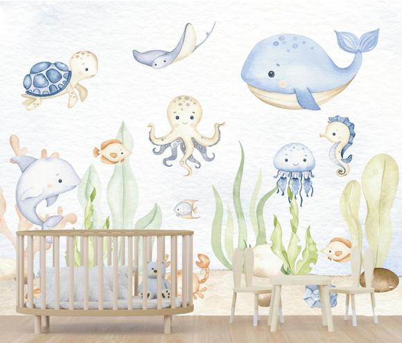 Papel de Parede Auto Adesivo Fundo do Mar Aquarela Baby M²