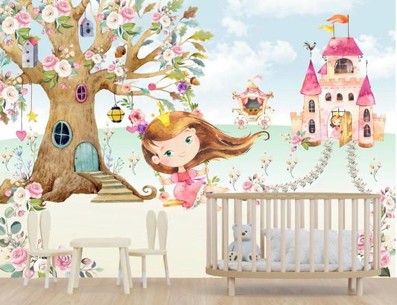 Papel de Parede Adesivo Infantil Menina Balanço Jardim M²