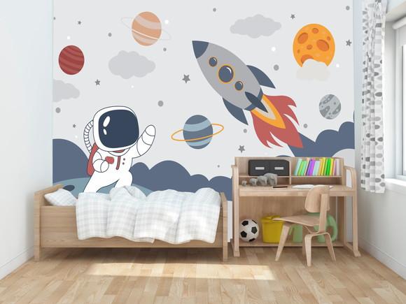 Papel de Parede Adesivo Astronauta Planetas Foguete M²