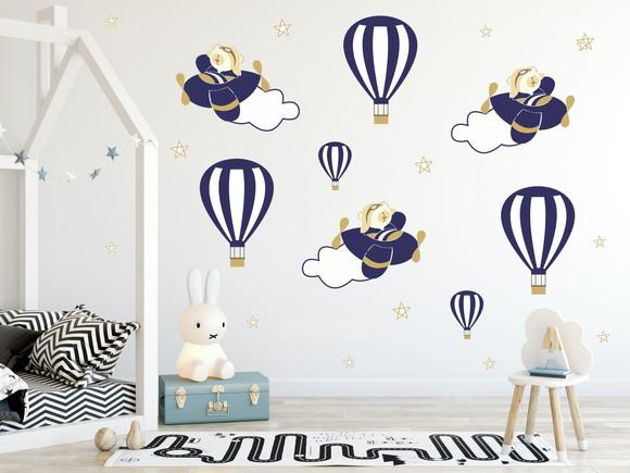 Adesivos Parede Urso Aviador Balões Nuvens Infantil Azul m