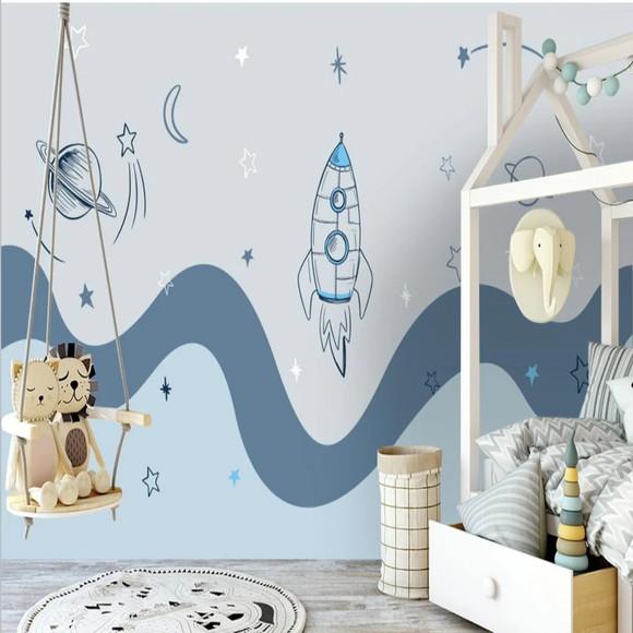Papel de Parede Auto Adesivo Foguete Planetas Infantil M²