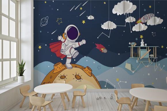 Papel de Parede Adesivo Astronauta Planetas Infantil Azul M²