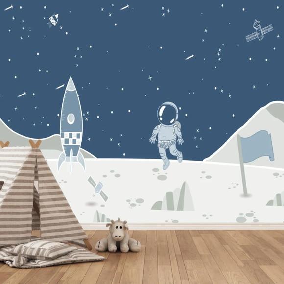 Papel de Parede Adesivo Astronauta Planetas Infantil Azul M²