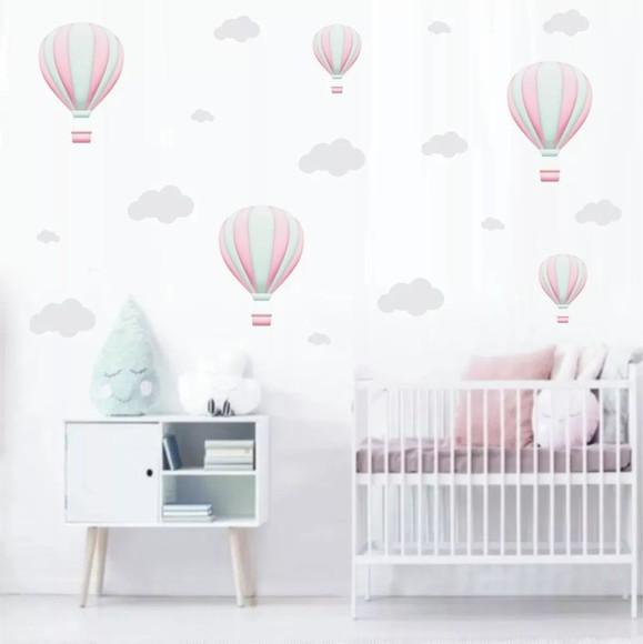 Adesivos Parede Infantil Balão Balões Nuvens Rosa e Cinza