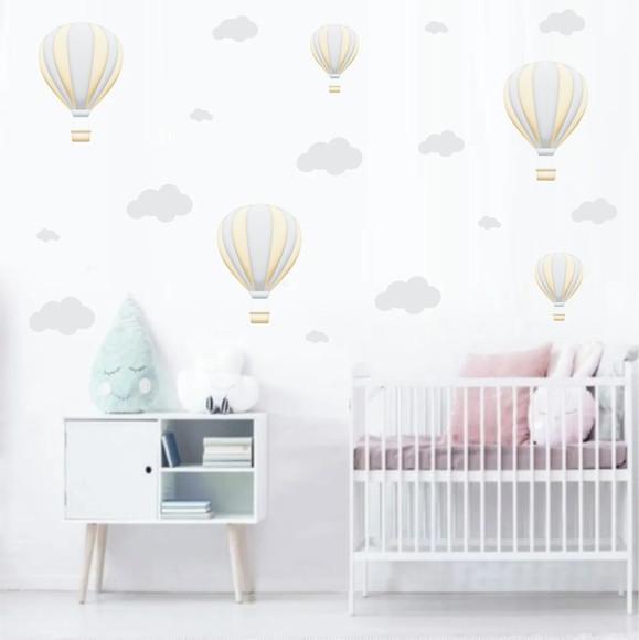 Adesivos Parede Infantil Balão Balões Nuvens Amarelo Cinza