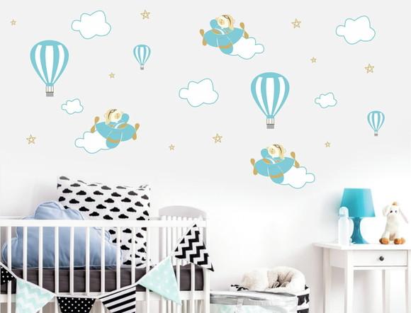 Adesivos Parede Urso Aviador Balões Nuvens Infantil Menino